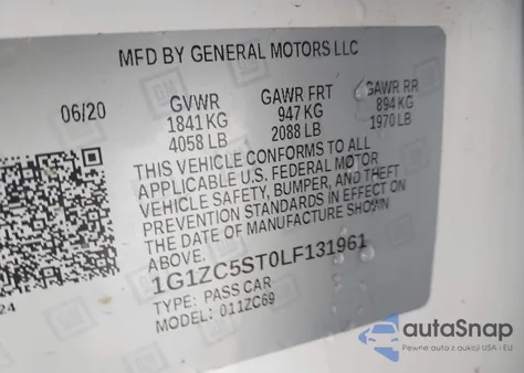 2020 Chevrolet Malibu Fwd 1Fl z USA, uszkodzony, nr VIN 1G1ZC5ST0LF131961